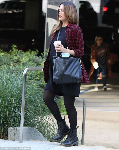 Working mom: The Sin City star teamed her punky ensemble with a pair of rock chick-style b... Working Mom Fashion, Styling Dr Martens, Rock Chick Style, Red Doc Martens, Doc Marten Boots, Doc Martens Outfits, Loose Black Dress, White Doc Martens, Doc Marten Boot