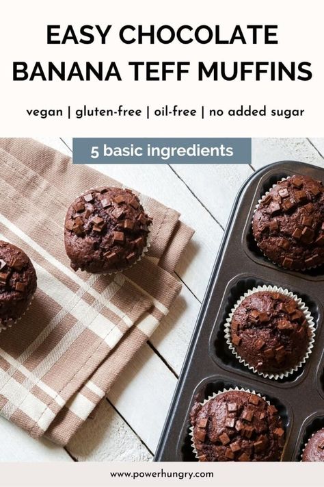 Whole grain vegan baking is easy as can be with teff flour! Use it to make a batch of my chocolate banana teff muffins, which are vegan, gluten-free, oil-free, and added sugar free. #teff #teffflour #vegan #glutenfree #oilfree #sugarfree #wfpb #wfpbno #muffins #wfpbbaking #oilfreevegan #oilfreebaking #ancientgrains #banana #chocolate #cleaneating #cleaneats #easyglutenfree #eggfree #dairyfree Teff Flour Recipes, Teff Flour, Muffins Vegan, Wfpb Recipes, Oil Free Vegan, Gluten Free Muffins, Banana Chocolate, Vegan Banana, Banana Muffins