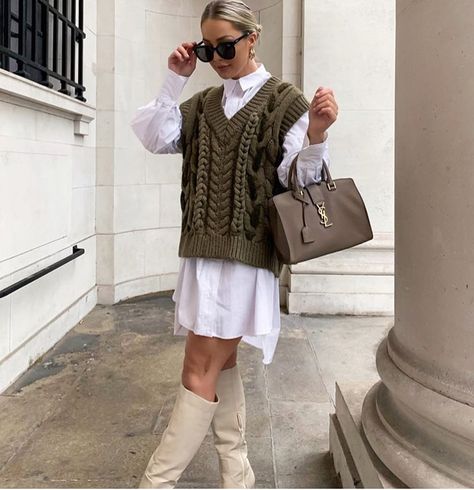 Le_chic_street on Instagram: “Woven and White @allchloerose wearing @Zara Woven Cable Knit Vest (5507/108; $49)” Vest Outfits For Women Work, Knee High Boots Outfit Party, Knit Vest Outfits For Women, Outfits For Women Work, How To Style A Vest, White Vest Outfit, White Knit Vest, Vest Outfits Aesthetic, How To Style A Sweater Vest