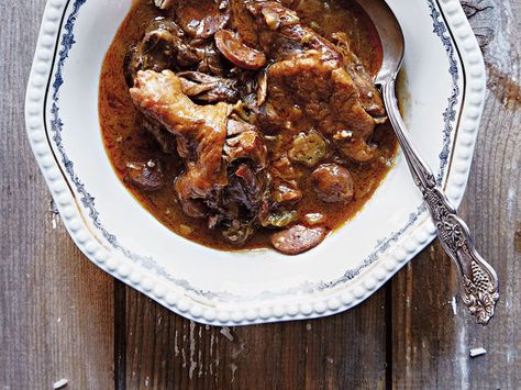 A duck-fat roux and tender duck leg meat meets grassy herbal okra in this special occasion version of the classic Creole stew. Louisiana Thanksgiving, Duck Gumbo, Mushroom Pierogi, Braised Venison, Pierogi Recipe, Best Sausage, Mardi Gras Food, Sage Sausage, Gumbo Recipe