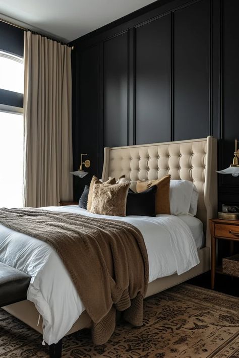 25 Bold Black Accent Wall Bedroom Ideas to Upgrade Your Space - Roomy Retreat Black Accent Wall Bedroom Ideas, Black Accent Wall Bedroom, Accent Wall Bedroom Ideas, Wall Bedroom Ideas, Black Walls Bedroom, Black Accent Wall, Our First Apartment, Black Accent Walls, Walnut Nightstand