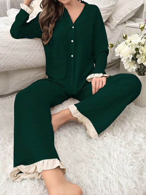 Women's Single-Breasted Long Sleeve Sleepwear And Ruffled Hem Pants Pajama Set Dark Green     Plain Pant Sets Slight Stretch All Women Sleep & Lounge, size features are:Bust: ,Length: ,Sleeve Length: Women Pyjamas Nightwear, Nightsuits For Women Winter, Sleepwear Women Nightwear, Marriage Clothes, Dark Pajamas, Sleeping Wear, Womens Pj Sets, Night Suit For Women, Sleepwear Women Pajamas