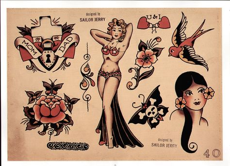 Sailor Jerry Tattoo, Tattoo Mafia, Sailor Jerry Flash, Traditional Heart Tattoos, Sailor Jerry Tattoo Flash, Jerry Tattoo, Traditional Tattoo Flash Art, Traditional Tattoo Inspiration, Skull Butterfly