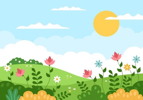 Nature Vector Illustration, Spring Cartoon, Background With Flowers, School Wall Art, Spring Background, Powerpoint Background Design, Landscape Concept, Spring Landscape, Landscape Background