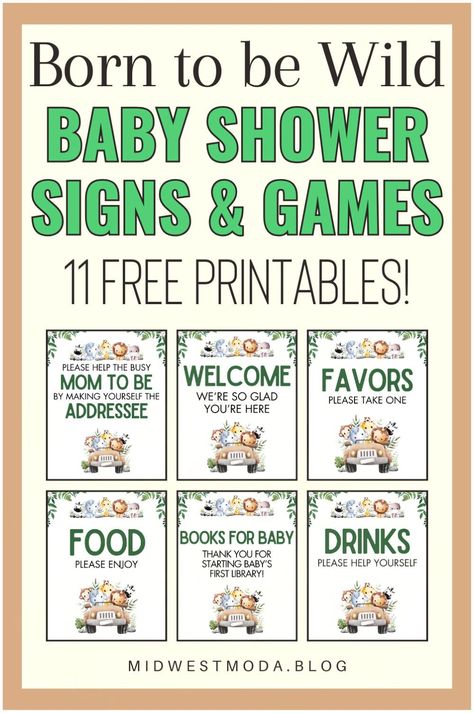 Celebrate the upcoming arrival of your little one with our Safari Theme Baby Shower Decor Ideas. Choose from 5 collections of jungle and safari baby shower signs, all available for FREE instant download. BONUS: Each bundle also includes 3 matching printable games for FREE. Get inspired and start planning your born to be wild baby shower today at midwestmoda.blog. Free Jungle Theme Printables, Baby Shower Jungle Theme Boy, Jungle Safari Baby Shower Ideas, Safari Baby Shower Ideas, Giraffe Baby Shower Theme, Zoo Baby Shower, Wild Baby Shower, Safari Baby Shower Boy, Jungle Safari Baby Shower