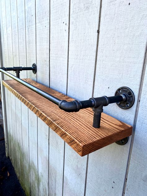 Wall Mounted Drinks Shelf, Rustic Bar Shelves Ideas, Wall Bar Shelves, Man Cave Shelves, Wall Mounted Liquor Shelf, Diy Bourbon Shelf, Behind Bar Shelving, Liquor Bottle Shelves, Drink Shelf Ideas