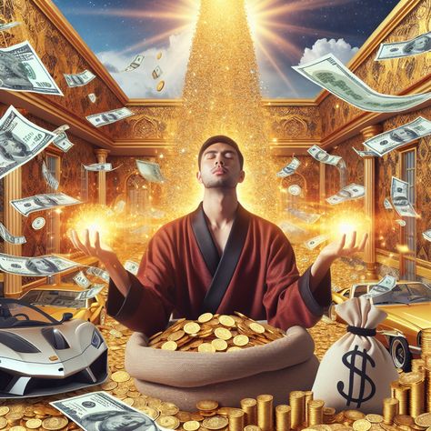 Experience the power of wealth manifestation in this unique AI art piece. Boy meditating amid a wealth storm of gold coins, luxury items w/ glowing palms. #WealthManifestation #LawOfAttraction #LuxuryLife #Riches #WealthyMindset #AbundanceArt. More on wealth manifestations [link]. Gold And Money, Wealth Symbol, Wealth Energy, Abundance Images, Nature Symbols, Wealth Manifestation, Art Restaurant, Jesus Photo, Manifesting Wealth