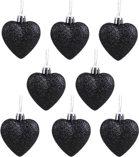 Christmas Concepts® Pack of 8 - 60mm Heart Shaped Christmas Tree Baubles – Glitter Decorated Baubles (Black) : Amazon.co.uk: Home & Kitchen Black Ornaments, Black White Christmas, Twig Tree, Childs Bedroom, Dark Christmas, Metal Figurines, Glitter Design, White Christmas Decor, Christmas Tree Baubles