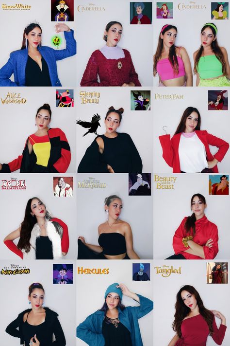 Disney Characters In Halloween Costumes, Cute Villain Outfits, Disney Princess And Villain Costumes, Cartoon Character Outfits Ideas, Disney Villains Diy Costume, Villian Inspired Outfits, Héros And Villians Costume, Easy Disney Character Costumes Diy, Diy Disney Villans Costumes