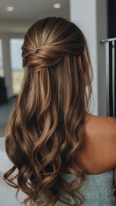 Elevate Your Bridesmaid Game with These 15 Hair Ideas! - Fads Wedding Hairstyles Down Bridesmaid, Half Up Wedding Hair Long Length, Half Up Half Down Wedding Hair Medium Length Bridesmaid Braid, Women’s Half Up Hairstyles, Bouffant Hair Half Up, Brunette Hair Bridesmaid, Hairstyle For Friends Wedding, Hair Half Up Half Down Bridesmaid, Partial Updo For Long Hair