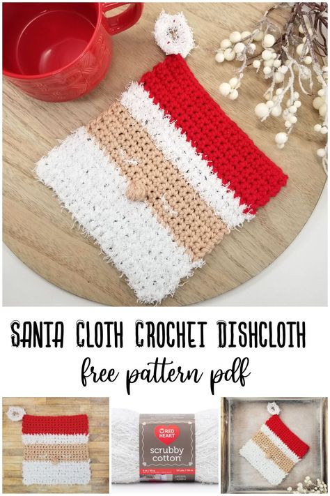 The Red Heart Santa Cloth Crochet Dishcloth lets Santa do your dishes this holiday season! Perfect for beginner crocheters and fun for all, video tutorials are included! #freecrochetpattern #freepattern #santacrochet #holidaycrochet #yarnspirations #mooglyblog Crochet Christmas Washcloth Pattern, Crochet Dish Cloth Free Pattern, Cloth Crochet, Christmas Potholders, Crochet Holiday, Crochet Christmas Gifts, Crochet Santa, Dishcloth Crochet Pattern, Crochet Xmas