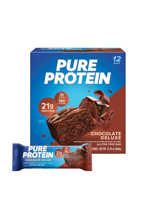 Pure Protein Chocolate Deluxe Protein Bars are delicious high protein snacks that support lean muscle and strength. Each chocolate deluxe protein bar contains 21 grams of protein, 180 calories and 3 grams of sugar, for a great tasting and gluten free protein snack. Additionally, these high protein bars support your active lifestyle so toss them in your gym bag for a protein snack you can eat pre workout, post workout or on the go during a busy day. Pure Protein Bars, Gluten Free Bars, High Protein Bars, Protein Chocolate, Pure Protein, Nutrition Bars, On The Go Snacks, Nutritious Snacks, High Protein Snacks