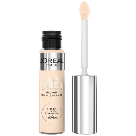 Fusing skincare and makeup, the L'Oréal Paris True Match Radiant Serum Concealer helps to camouflage dark circles, brighten dullness and visibly de-puff the under-eye area. The formula is enriched with 1.5% hyaluronic acid and caffeine to deliver serum-like hydration alongside medium coverage that resists settling into fine lines or creases.  Available in 17 shades, the concealer can be used to cover imperfections or to highlight and contour. The unique iron-shaped applicator features a flat sur True Match Loreal, Loreal True Match Concealer, Loreal Concealer, L'oreal Paris, True Match Concealer, Loreal Paris Makeup, Loreal True Match, Serum Concealer, Highlight And Contour