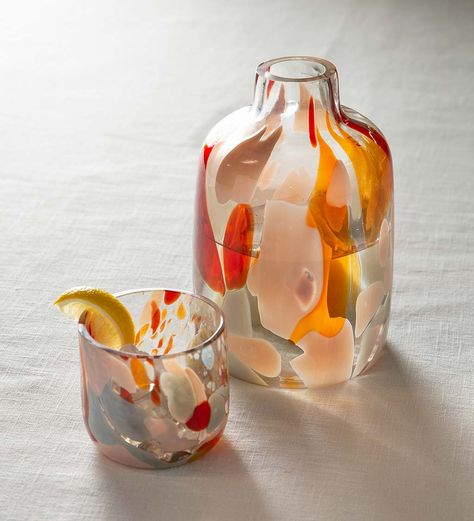 Blown Glass Cups, Carafe And Glass Set, Hand Blown Glass Cups, Colored Glass Decor, Water Glass Design, Glass Blowing Beginner, Carafe With Cup, Unique Drinking Glasses, Ceramic Carafe