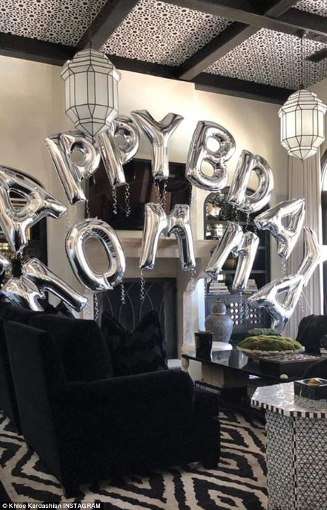 Can't miss them: And then Khloe shared a look at the silver blow-up balloons that spelled out Birthday Momma and were hovering in the living room of her Calabasas, California mansion Hotel Room Decoration, California Mansion, Calabasas Homes, Austin Bachelorette, Revenge Body, Blowing Up Balloons, The Revenge, 34th Birthday, Cowgirl Birthday Party