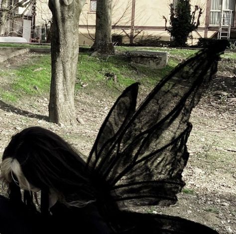 Dark Pixie Aesthetic, Fairy With Black Hair, Goth Fairy Wings, Dark Faerie Costume, Dark Fairy Core Aesthetic, Gothic Fairy Aesthetic, Earth Fairy Aesthetic, Gothic Fairy Costume, Dark Faerie Aesthetic