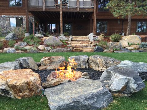 Boulder Garden, Lake Landscaping, Outdoor Fire Pit Seating, Fire Pit Seating Area, Fire Pit Landscaping, Landscaping With Boulders, Landscaping Retaining Walls, Hardscape Design, Fire Pit Seating