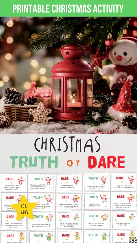 Christmas Truth or Dare - The Fun Printable Party Game for Families! – Print GoGo Christmas Dares Game, Christmas Truth Or Dare Questions, Christmas Truth Or Dare, Christmas Dares, Truth Or Dare Questions Family Friendly, Dares For Teens, Dare Games For Friends Dare Games For Friends With Answer, Emoji Christmas Movie Game, Christmas Movie Emoji Game Answers