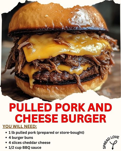 🔥 Ultimate Pulled Pork & Cheese Burger 🍔🍖🧀 Craving something delicious? Look no further! This Pulled Pork and Cheese Burger is here to satisfy your taste buds and leave you wanting more! 😋✨ Ingredients: 1 lb pulled pork (store-bought or homemade) 4 fluffy burger buns 4 slices of ooey-gooey cheddar cheese 1/2 cup zesty BBQ sauce 1/4 cup crunchy pickles (optional) 1/4 cup creamy coleslaw (optional) Instructions: Warm It Up: If your pulled pork needs a little love, heat it up with BBQ sauce ... Crunchy Pickles, Bbq Pulled Pork Sandwiches, Pulled Pork Burger, How To Make Bacon, Creamy Coleslaw, Cheese Burger, Pulled Pork Sandwich, Beef Burger, Bbq Pulled Pork