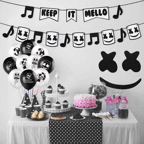 Dj Marshmellow Party Theme, Marshmello Party Decoration, Marshmallow Birthday Party Ideas, Dj Marshmello Party Ideas, Dj Birthday Party, Marshmallow Dj, Music Party Decorations, Nintendo Party, Dj Marshmello