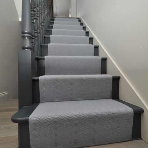 Berwick - Sergeant Grey Field with Carter Stair Rods - Off The Loom Grey Painted Stairs, Grey Carpet Hallway, Grey Stair Carpet, Gray Stair Runner, Gray Stairs, Carpet Staircase, Stairs Renovation, Black Stairs, Painted Staircases