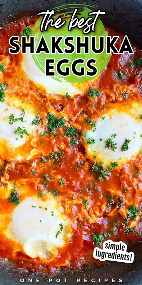 This quick and easy shakshuka eggs with feta recipe from One Pot Recipes is homemade with simple ingredients in one pot on the stovetop in 30 minutes. Eggs are gently poached in a spiced Mediterranean tomato sauce. This dish is so full of flavor that although it is traditionally a breakfast dish, you will crave it any time of the day. Try it out now! Stovetop Shakshuka, Tomato And Egg Recipes, Shakshuka Recipe Traditional, Egg Shakshuka, Shakshuka Eggs, Easy Shakshuka Recipe, Easy Shakshuka, Mediterranean Tomato, Eggs With Tomatoes