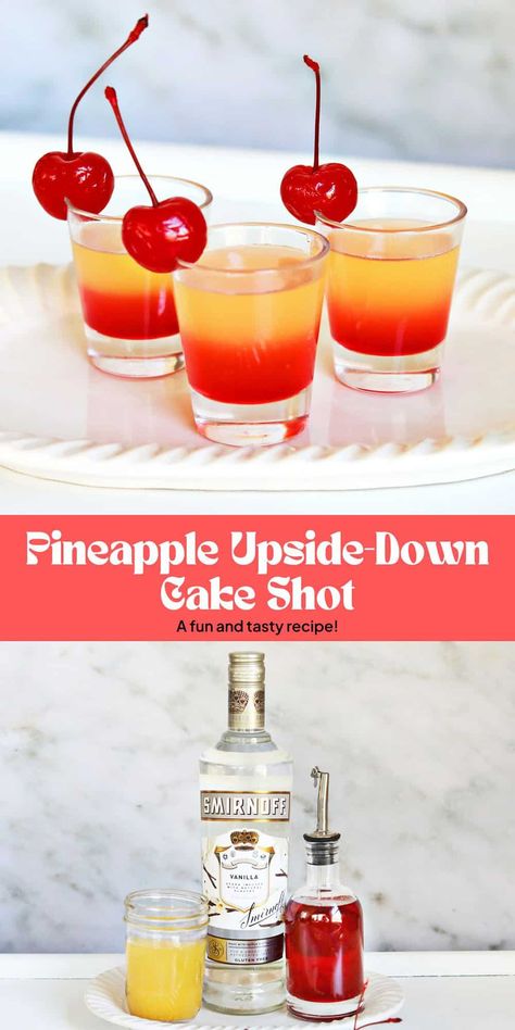 Pineapple Upside-Down Cake Shot - A Beautiful Mess Pineapple Upside Down Cake Shot Recipe, Homemade Grenadine Recipe, Pineapple Upside Down Cake Shot, Scooby Snack Shot, Gummy Bear Shots, Grenadine Recipe, Apple Shots, Lemon Drop Shots, Cake Shot