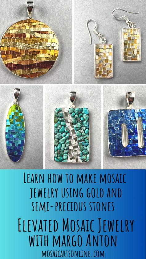 Learn how to make your own mosaic jewelry using gold smalti and semi-precious stones. In this online course learn Margo Anton's tried and true methods for creating mosaic jewelry.  In this one course, Margo offers six different projects. Learn each one using techniques and skills that build on each other. Choose her color schemes or pick your own. From the beginner gold earrings to the complex wavy design, Mosaic Jewelry has never been easier. You will succeed each time. Materials not included. Mosaic Jewelry Diy, Mosaic Materials, Jewelry Mosaic, Crafty Jewelry, Mosaic Earrings, Goodbye Quotes, Boho Jewelry Diy, Choose Her, Mosaic Jewelry