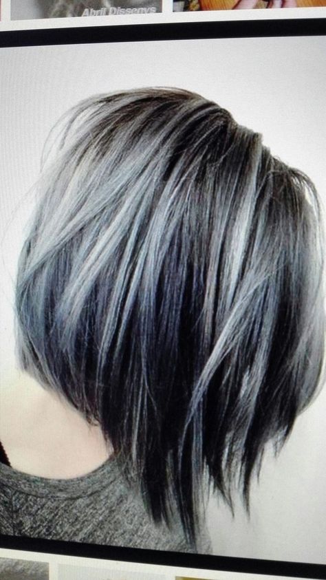 Black Hair With Grey Highlights Short, Bob Hairstyle Ideas, Black And Grey Hair, Grey Blending, Shoulder Haircut, Haircut For Women, Hairstyle Ideas Easy, Bob Hair Color, Grey Hair Transformation