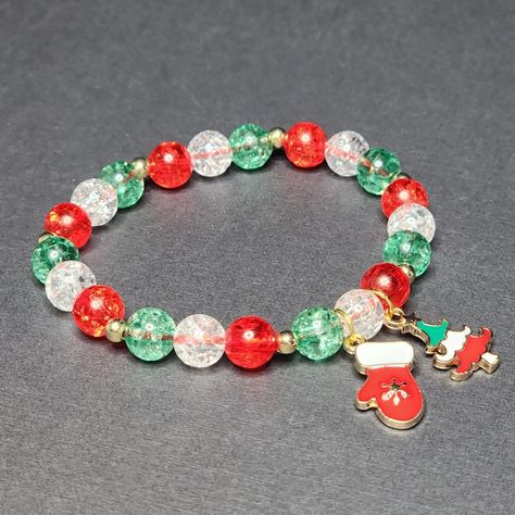 Christmas Beaded Charm Stretch Bracelet Handmade By Me Crackle Beads 8mm Christmas Tree & Stocking Enamel Charms Fits 6-7" Wrist Charms Can Be Removed, If You Prefer New Christmas Bracelet Ideas Seed Beads, Christmas Bead Bracelets, Christmas Beaded Bracelets, Christmas Bracelet Ideas, Christmas Jewelry Diy, Elephant Bracelet, Swarovski Crystal Bracelet, Christmas Bead, Bracelets Diy