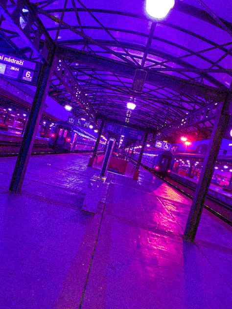 Purple Train Station Aesthetic, Killjoy Oc, Random Aesthetic, Neon Nights, Character Aesthetics, Rainy Night, Aesthetic Stuff, Neon Purple, Pooh Bear