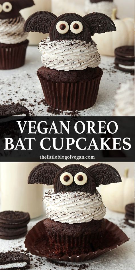 Oreo Halloween Cupcakes, Vegan Halloween Desserts, Holiday Theme Food, Halloween Baking Recipes, Vegan Halloween Treat, Cupcakes For Halloween, Vegan Halloween Food, Bat Cupcakes, Gluten Free Halloween