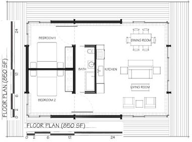 This floor plan is an easy build with few walls & one "water wall" where all the plumbing goes. Bathroom has doors for both bedroomS, and the open dinning / living room with big windows would make it feel bigger than it is. A Room Self Contain Plan, Small House Floor Plans 2 Bedroom, Simple Floor Plan With Dimensions, Open Plan Bedroom And Bathroom, Remodeling Videos, 7x8 House Plan 2 Bedroom, 80 M2 House Plan 3 Bedrooms, 3d House Plans 1bedroom, Remodel Garage