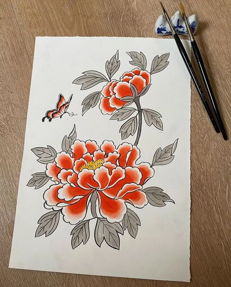 Peony Irezumi, Japanese Peony Drawing, Snake Peony Tattoo, Japanese Peony Tattoo Design, Japanese Peony Tattoo, Traditional Japanese Tattoo Flash, Japanese Peony, Peony Drawing, Foo Dog Tattoo