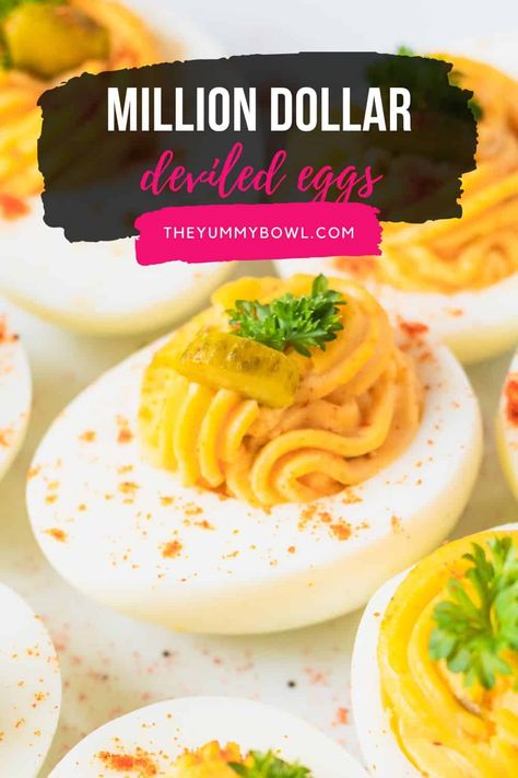 This traditional recipe is the staple of many households during the holiday season. Level up your game by making these Million Dollar Deviled Eggs which are a creamy and buttery version of the classic recipe. Million Dollar Deviled Eggs Recipe, Millionaire Recipes, Cream Cheese Deviled Eggs, Million Dollar Deviled Eggs, Eggs Deviled, Yummy Bowl, Friendsgiving Ideas, Devilled Eggs Recipe Best, Devilled Eggs