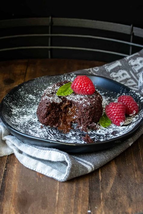 Vegan Chocolate Lava Cake | The Picky Eater Chocolate Volcano Cake, Whole Food Desserts, Molten Chocolate Lava Cake, Cake Gluten Free, Lava Cake Recipes, Cake Form, Vegan Whipped Cream, Flourless Cake, Dairy Free Chocolate Chips