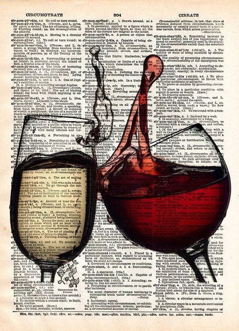 Wine Splash, Art Du Vin, Gifts For Wine Drinkers, Pouring Wine, Newspaper Art, Book Page Art, Wine Glass Art, Dictionary Art Print, Splash Art