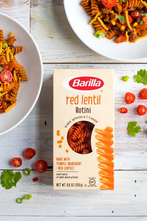 Red Lentil Pasta Recipes, Lentil Pasta Recipe, Rotini Pasta Recipes, Skillet Enchiladas, Red Lentil Pasta, Pasta Box, Enchilada Pasta, Lentil Pasta, Rotini Pasta