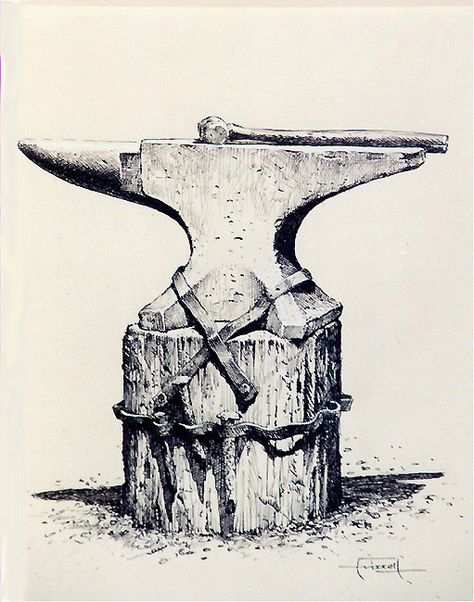 Anvil_hammer_frizzell_drawing Hammer Drawing, Hammer Tattoo, Realistisches Tattoo, Anvils, Blacksmith Tools, Blacksmith Projects, La Forge, Desenho Tattoo, Old Style