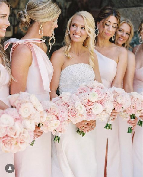 Light Pink Color Palette Wedding, Light Pink Wedding Party, Petal Pink Wedding, Pink Wedding Aesthetic, Bridesmades Dresses, Pink Bridesmaid Bouquet, Pink Bridal Party, Bride And Bridesmaid Pictures, Ranunculus Garden