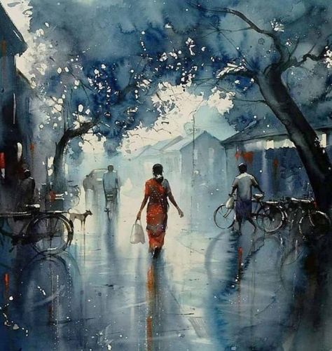 Watercolor Indian, Watercolor Scenery, Watercolor Art Landscape, Scenery Paintings, Watercolor Pictures, City Painting, Female Art Painting, Watercolor Landscape Paintings, Watercolor Paintings Tutorials