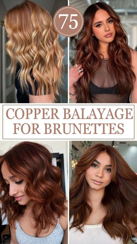 Copper Balayage Ideas Medium Length Ombre Hair Brown, Copper Blend Hair, Root Color Ideas For Brunettes, Bronze Balayage On Dark Hair, Copper Auburn Balayage Brunette, Brunette To Cowboy Copper, Bronzed Copper Hair, Cowboy Copper Hair Brunette Highlights, Subtle Auburn Balayage