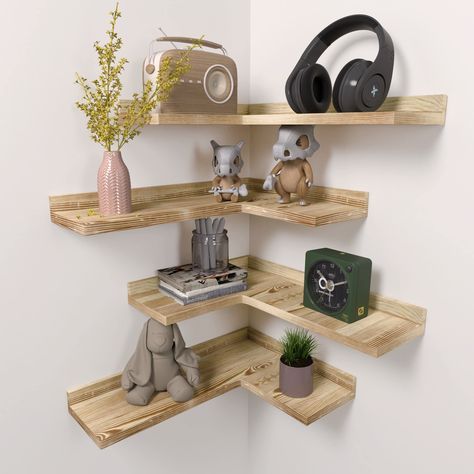 Small Room Shelf Ideas, Mindfulness Room, Wood Corner Shelves, Wall Mounted Corner Shelves, Pipe Shelf, Floating Corner Shelves, Cottage Room, Corner Wall Shelves, Home Decor Ideas Bedroom