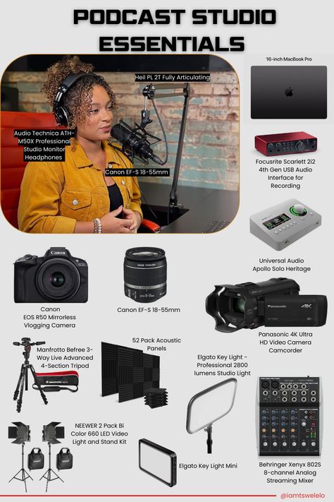 Podcast Studio Essentials: High-quality podcasting setup featuring a Canon EOS R50 Mirrorless Camera, Audio Technica ATH-M50X Headphones, Focusrite Scarlett 2i2 Audio Interface, Elgato Key Light, and more professional equipment. Podcast Studio Setups, Podcast Room Ideas Men, Dark Podcast Studio, Podcasts Set Ideas, Garage Podcast Studio, Small Podcast Setup, Diy Podcast Setup, Portable Podcast Setup, Podcast Setup Ideas Aesthetic