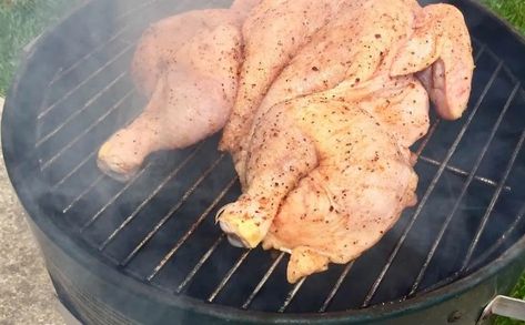 Smokey Mountain Chicken, Electric Smoker Whole Chicken Recipe, Weber Smokey Mountain Recipes, Weber Smoker, Treager Smoked Whole Chicken, Mountain Chicken, Smoked Chicken Pieces, Beer Can Smoked Whole Chicken, Smoked Chicken Halves