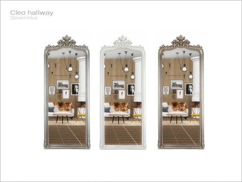 Severinka_'s [Cleo hallway] - floor mirror Game Furniture, Sims4 Furniture, Cc Packs, Wooden Wall Shelf, Sims 4 Tsr, Sims 4 Black Hair, Full Mirror, Sims Free Play, Cc Furniture