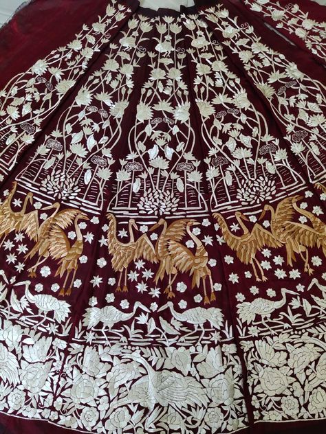 Hand Embroidered Parsi Work Lehenga (LRXXCC)  To order whatsapp on +917710801701 or visit www.luxurionworld.com  #parsi #lehenga #gara #parsilehenga #sari #handembroidered #handwork #parsiembroidery Parsi Work Embroidery, Thread Work Lehenga, Wedding Lehenga Designs, Work Lehenga, Chinese Embroidery, Raw Silk Fabric, Border Embroidery Designs, Katan Silk, Embroidered Clothes