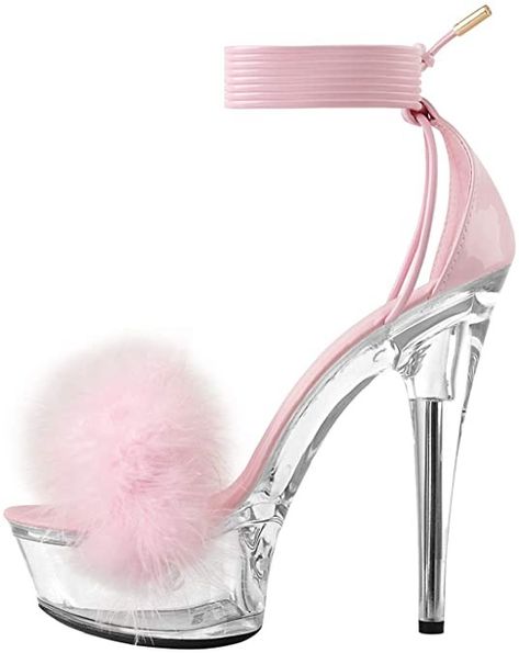 Lace Up Clear Platform Heels Fluffy Stiletto Sandals Pink Clear Heels, Fluffy High Heels, Strap Up Sandals, Cupcake Princess, Clear Platform Heels, Fluffy Heels, Clear High Heels, Pink Stilettos, Dancing Shoes