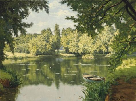 ‘A Boat Moored on a Tranquil Lake’ Henri Biva (1848-1928) French artist Pond Painting, Classic Art Prints, Lake Painting, Lake Boat, Historical Painting, Boat Painting, Post Impressionism, Vintage Poster Art, Guy Drawing