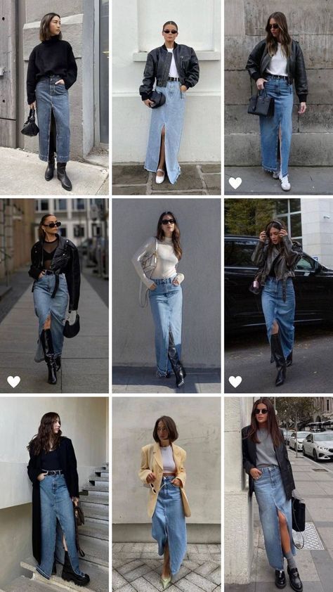 Demin Skirt Outfit, Long Denim Skirt Outfit, Skirt Outfit Fall, Rok Outfit, Jean Skirt Outfits, Long Jean Skirt, Skirt Outfits Fall, Long Skirt Outfits, Denim Skirt Outfits